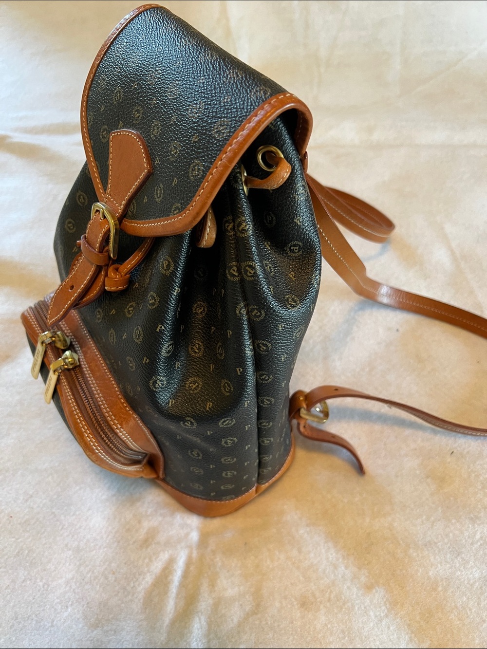 Vintage Pollini Black Monogram Backpack with Brown Trim